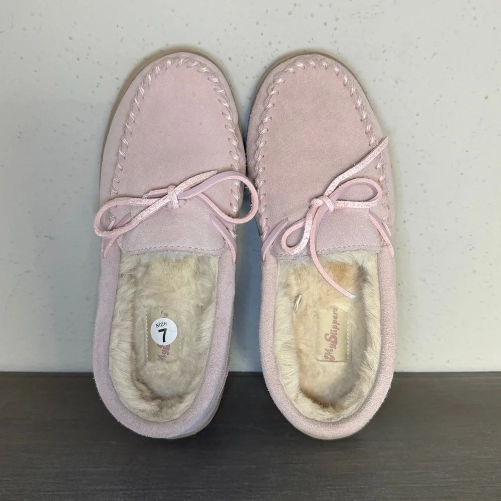 My Slippers MyPillow Pink Suede Faux Fur Lined Moccasin Slippers Women's Size 7 - Picture 3 of 7